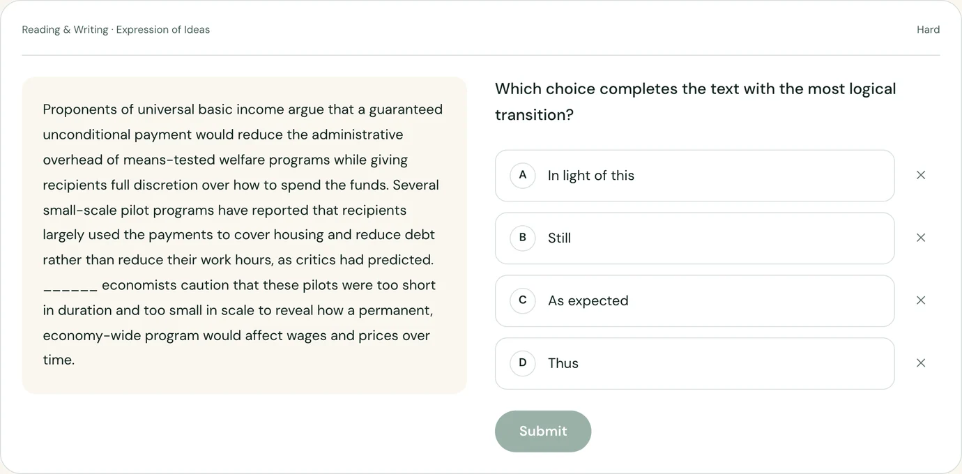 AcornPrep SAT question bank showing a hard Reading and Writing transitions question, with the passage on the left and four answer choices on the right.